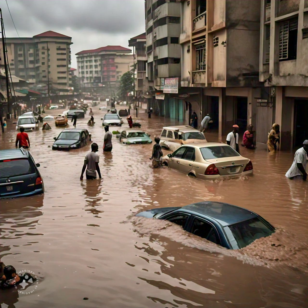 Flooding in Nigerian city, with submerged cars and buildings surrounded by brown floodwaters, showing the devastating impact of heavy rainfall on urban areas